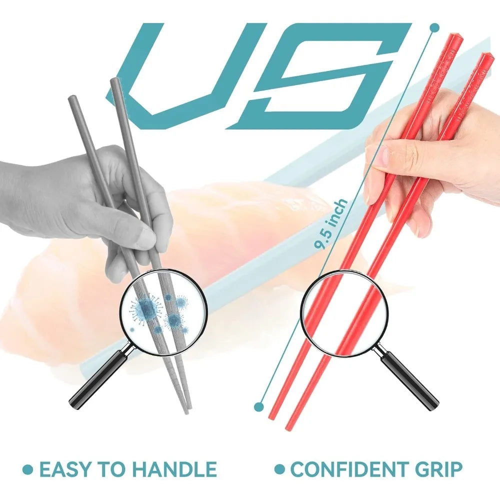5 Pairs of Fiberglass Chopsticks Set 9.5 in Reusable Chinese Style Chopsticks Non-slip Easy To Use Bright Colors Dishwasher Safe