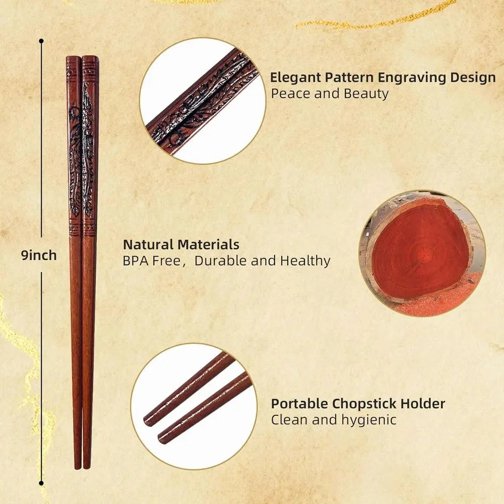 Pairs Reusable Wooden Chopsticks Set - Hand-Carved Dragon & Phoenix Design Non-Toxic Japanese Korean Chopsticks with Non-Slip Gr